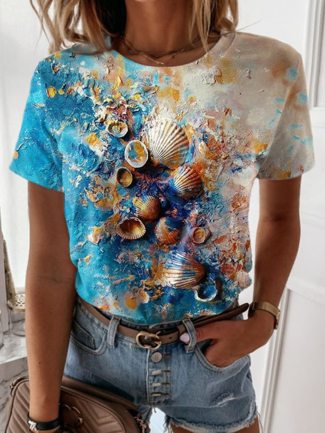  Femme T shirt Tee Design 3D effet Graphic Océan Design Manches Courtes Col Rond Décontractée Vacances Imprimer Vêtements Design basique Bleu