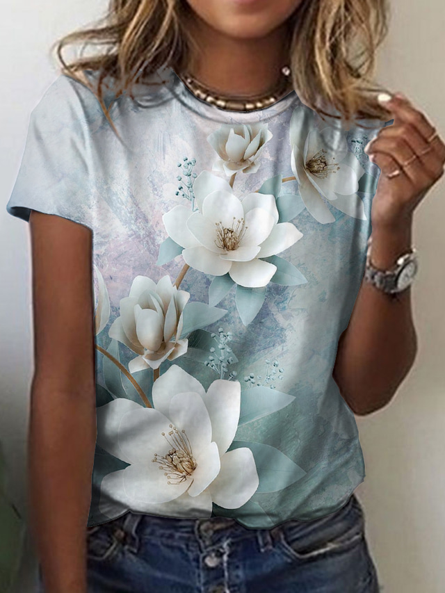  Dame T-shirt Designer 3D-udskrivning Blomstret Grafisk Design Kortærmet Rund hals Afslappet Ferie Trykt mønster Tøj Tøj Designer Basale Blå