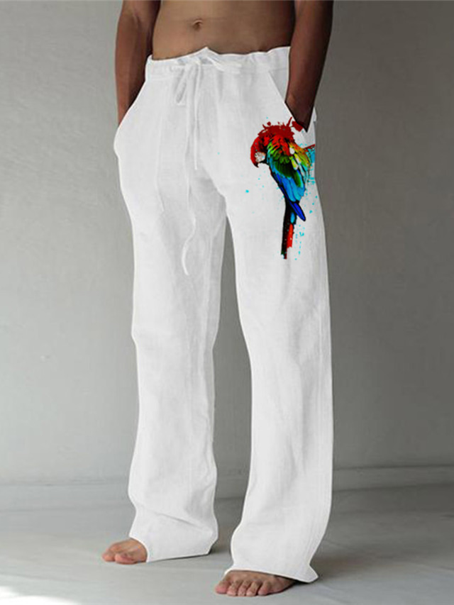  Męskie Lniane spodnie Spodnie Spodnie plażowe Druk 3D Elastyczna konstrukcja ze sznurkiem Przednia kieszeń Designerskie Moda Moda miejska Codzienny Na wakacje Miękka Na zewnątrz Wzory graficzne Ptak