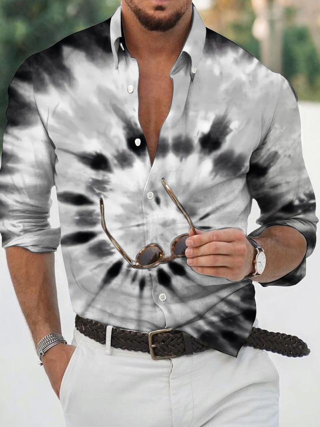  Homens Camisa Social Estampado Gráfico Tintura Tie Dye Colarinho Chinês Casual Diário Impressão 3D Botão para baixo Manga Longa Blusas Designer Casual Moda Confortável Cinzento