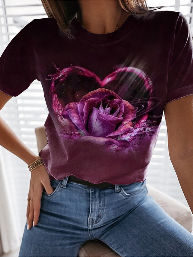  Dame T skjorte Designer 3D-utskrift Grafisk Hjerte Design Rose Kortermet Rund hals Avslappet Valentine Trykt mønster Klær Klær Designer Grunnleggende Grønn Blå Lilla