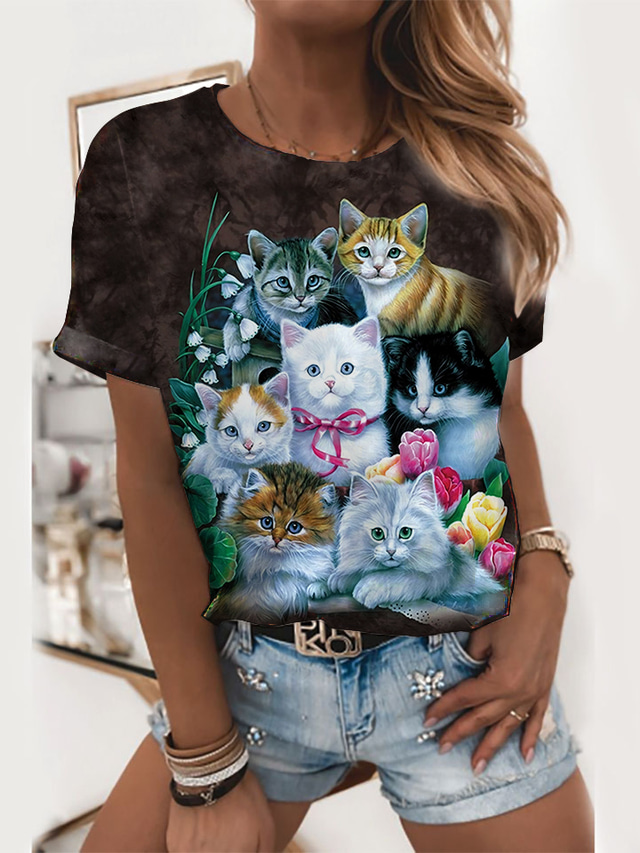  女性用 Tシャツ デザイナー 3Dプリント 猫 グラフィック 3D デザイン 半袖 ラウンドネック カジュアル プリント 服装 デザイナー ベーシック ブラウン