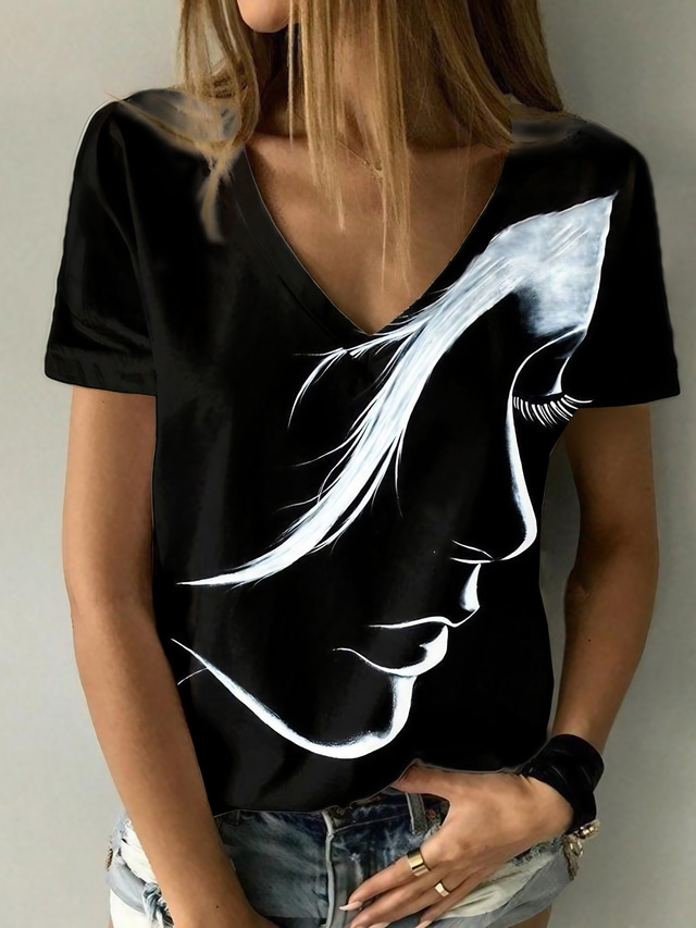  女性用 Tシャツ Ｖネック デザイナー 半袖 グラフィック ポートレート デザイン 3Dプリント Ｖネック カジュアル プリント 服装 デザイナー ベーシック ブラック ブルー イエロー