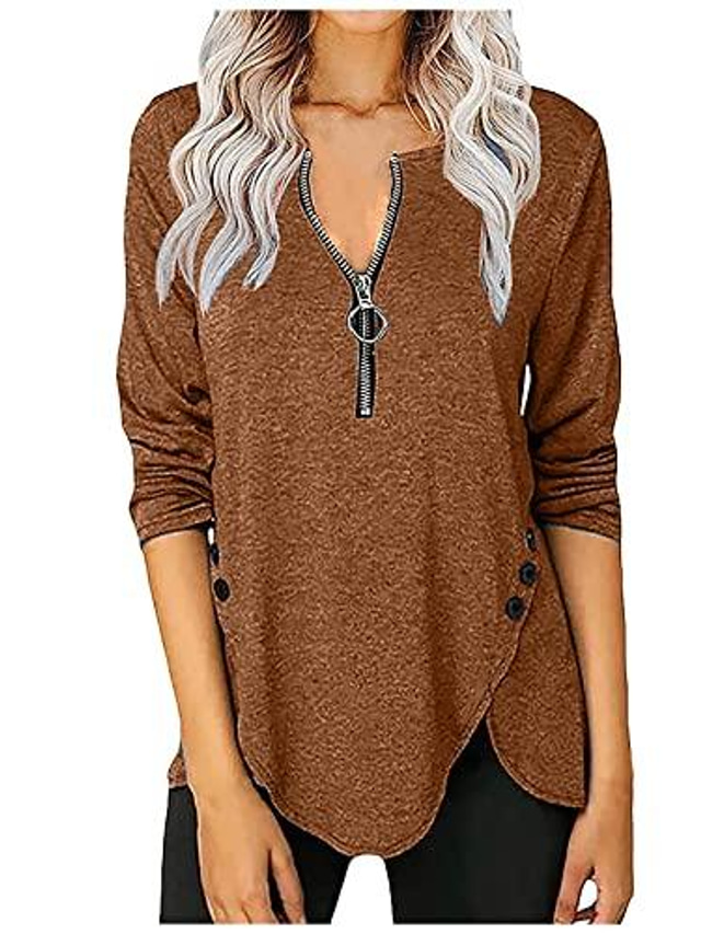  Spring Tops For Women 2022,Casual Solid Zipper Tunic Shirts Fashion Long Sleeve V-Neck Button Decorate Blouse Tees Casual Blouses For Women Plus Size Tunic Tops Womens Tops