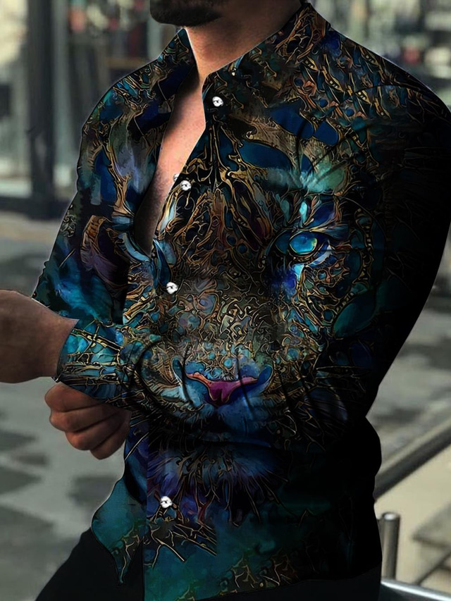  男性用 シャツ グラフィック 動物 虎 カラー イエロー ルビーレッド ネイビーブルー ブルー パープル プリント アウトドア カジュアル 長袖 3Dプリント ボタンダウン 衣類 ファッション デザイナー カジュアル 快適