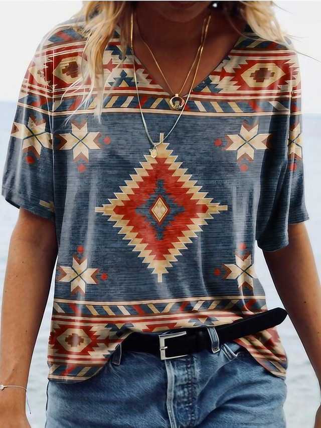  女性用 Tシャツ デザイナー 半袖 幾何学模様 牛 3Dプリント Ｖネック カジュアル 週末 プリント 服装 デザイナー ベーシック エスニック グリーン ホワイト ブルー