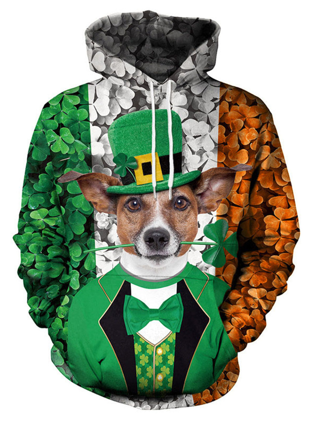  Men's Hoodie Sweatshirt Print Designer Casual St. Patrick's Day Graphic Dog Green Hooded Casual Daily Holiday Long Sleeve Clothing Clothes Regular Fit