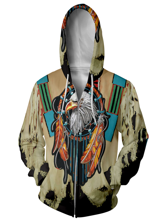  מעיל קפוצ'ון אינדיאני ילידים סווטשירט קפוצ'ון מודפס עם הדפס תלת מימד קפוצ'ונים קפוצ'ונים עם שרוולים ארוכים