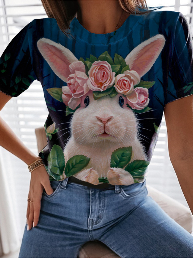  Dame T-shirt Designer 3D-udskrivning Kanin Design Rose Dyr Kortærmet Rund hals Afslappet Ferie Trykt mønster Tøj Tøj Designer Basale Blå