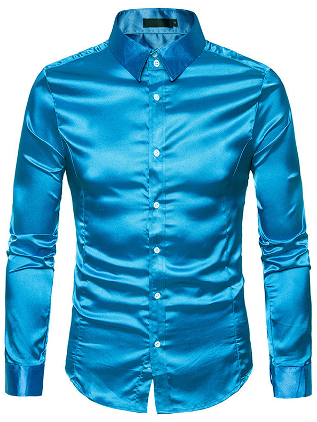  Chemises à manches longues pour hommes disco brillant satin soie comme bouton chemise habillée chemises d'été club de fête de mariage confortable