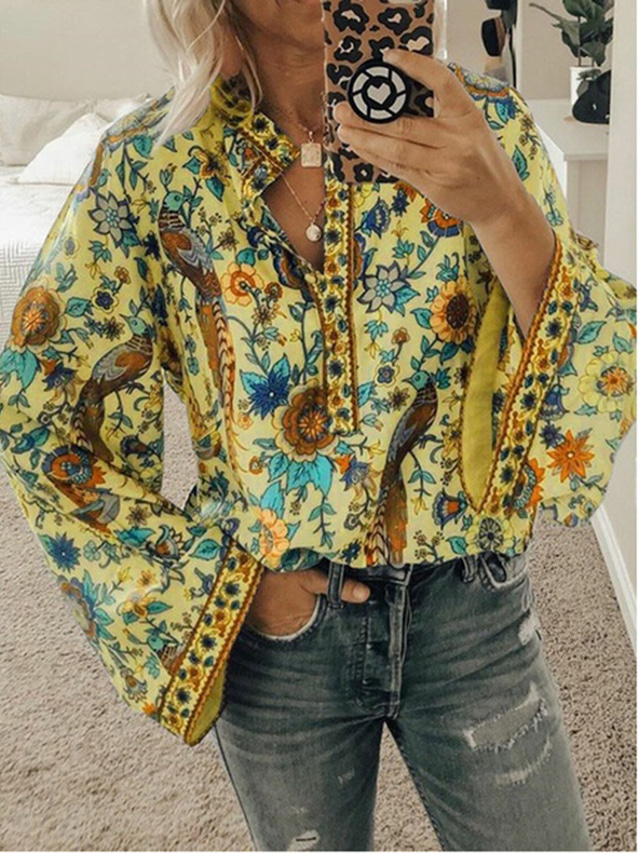  Women's Shirt Blouse Yellow Pink Dusty Rose Graphic Floral Button Print Long Sleeve Daily Holiday Vintage Boho Streetwear Round Neck Regular Boho S