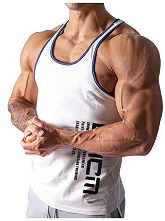  Muskel-Bodybuilding-Stringer-Tanktops für Männer plus Größe Y-Rücken-Gym-Fitness-Workout ärmellose Trainings-T-Shirts Weste weiß