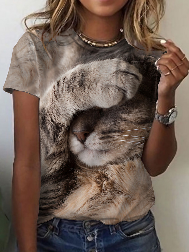  Dame T-shirt Designer 3D-udskrivning Kat Grafisk 3D Design Kortærmet Rund hals Afslappet Trykt mønster Tøj Tøj Designer Basale Brun
