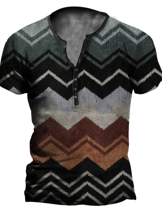  Herre Henly-skjorte T skjorte Designer 1950-tallet Sommer Kortermet Stripet Grafisk 3D-utskrift Henley Avslappet Daglig Knapp ned Trykt mønster Klær Klær Designer 1950-tallet Fritid Blå Grå