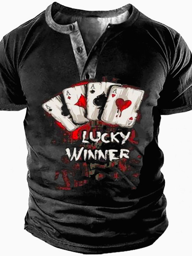  Men's Henley Shirt T shirt Tee Designer 1950s Summer Short Sleeve Graphic Poker Print Henley Casual Daily Button-Down Print Clothing Clothes Designer 1950s Casual Black