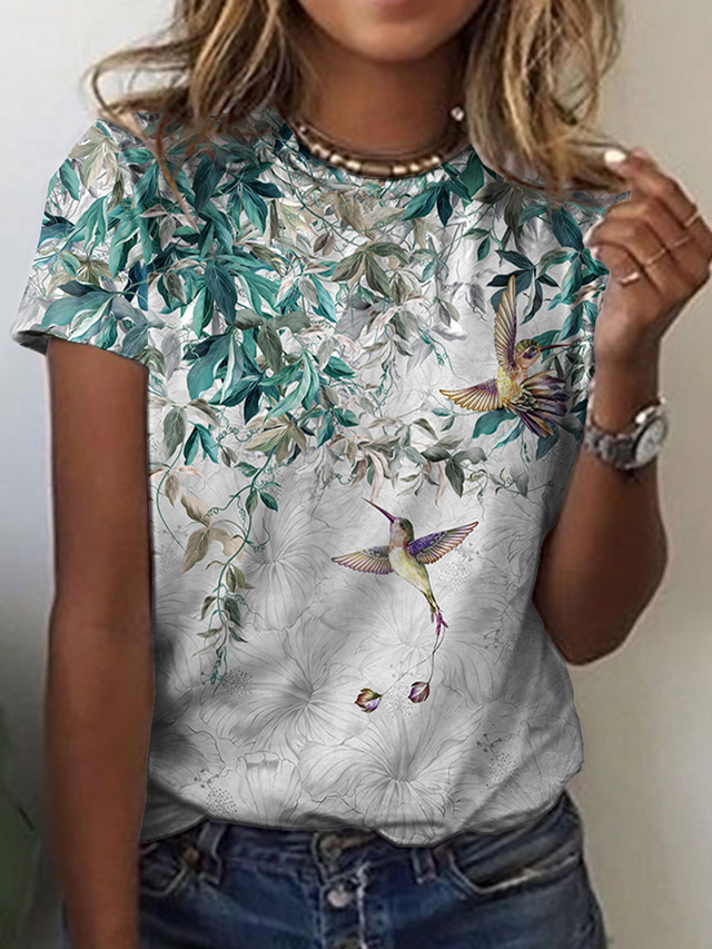  Dame T-shirt Designer 3D-udskrivning Blomstret Grafisk Fugl Design Langærmet Rund hals Daglig Ferie Trykt mønster Tøj Tøj Designer Basale Grøn Blå Gul