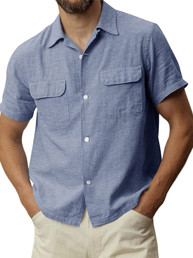  Men's Shirt Solid Colored Turndown Street Casual Button-Down Short Sleeve Tops Clothing Clothes Fashion Breathable Comfortable Green Blue White