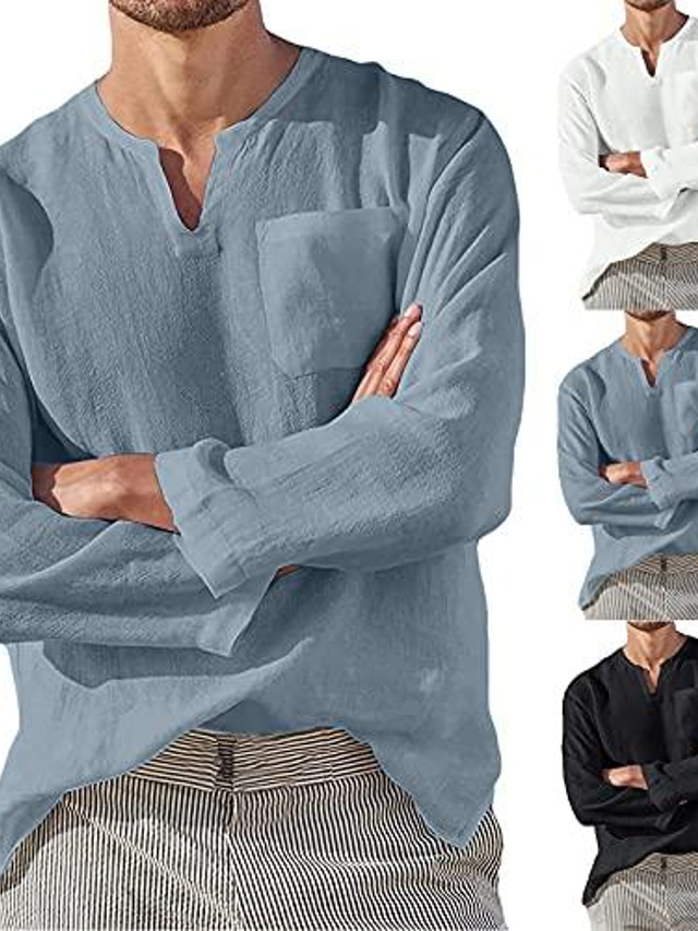  Chemise henley à manches longues pour hommes col en v à poches couleur pure t-shirt ample décontracté hauts chemisier
