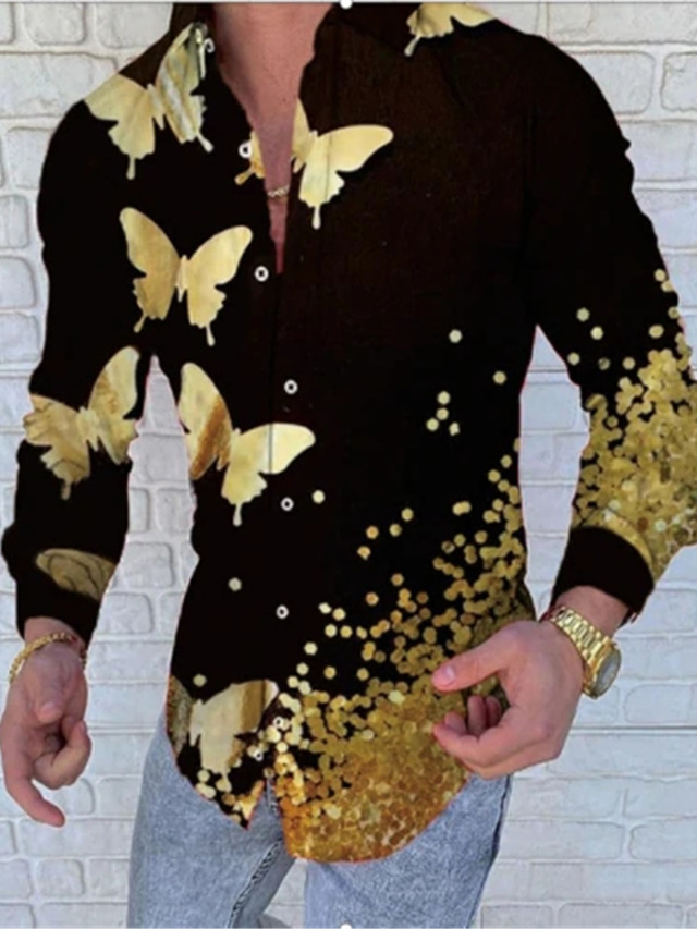  Homens Camisa Social Impressão 3D Borboleta MOON Folhas Aberto para a Lateral Rua Casual Botão para baixo Imprimir Manga Longa Blusas Casual Moda Respirável Confortável Preto Amarelo Dourado / Verão