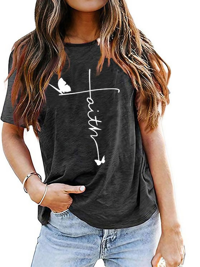  t-shirt da donna a maniche corte con stampa di lettere di farfalle di fede da donna