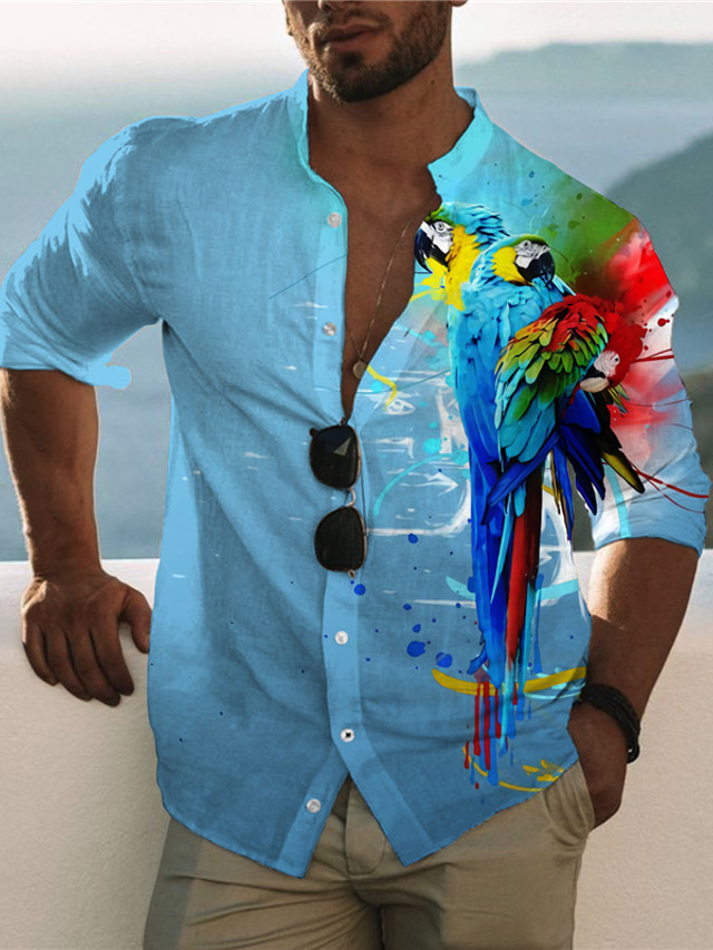  Męskie Koszula Koszula hawajska Graficzny Zwierzę Hawajskie Aloha Papuga Kołnierz stawiany Żółty Niebieski Fioletowy Pomarańczowy Nadruk Na zewnątrz Codzienny Długi rękaw Przycisk w dół Nadruk Odzież