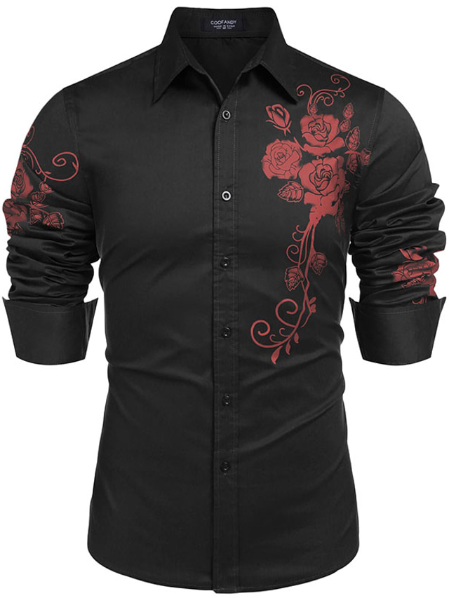  Voor heren Overhemd Bloemig Strijkijzer Feest Straat Geborduurd Button-omlaag Lange mouw Tops Modieus Ademend Comfortabel Wijn Wit Zwart