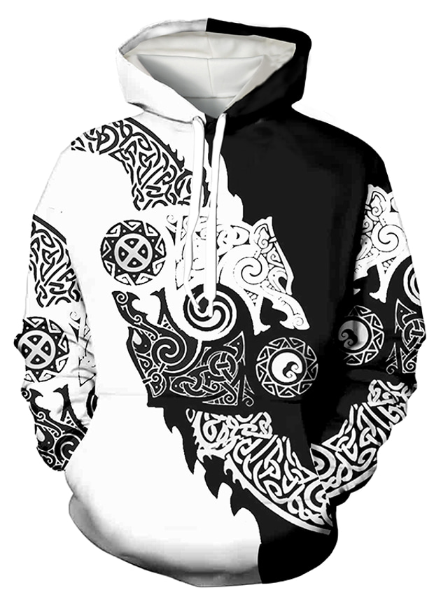  Men's Hoodie Sweatshirt Print Streetwear Designer Casual Graphic Tribal Black And White Blue Print Hooded Sports & Outdoor Daily Long Sleeve Clothing Clothes Regular Fit