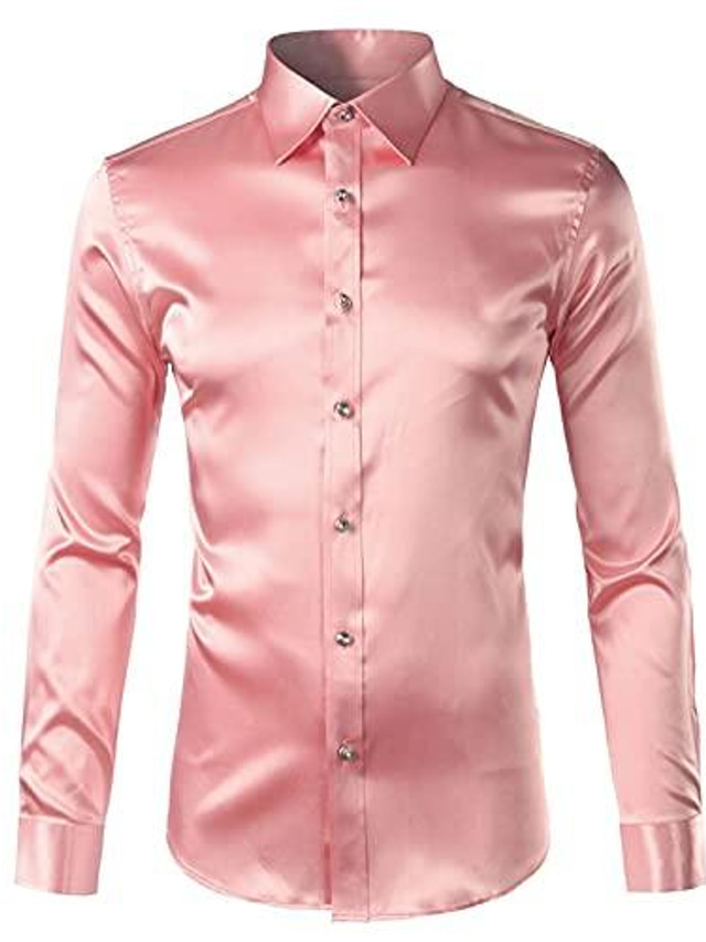  pánské saténové luxusní společenské košile dlouhý rukáv hladká mačkavá smokingová košile svatební párty taneční ples košilka-růžová bílá černá pohodlné letní košile