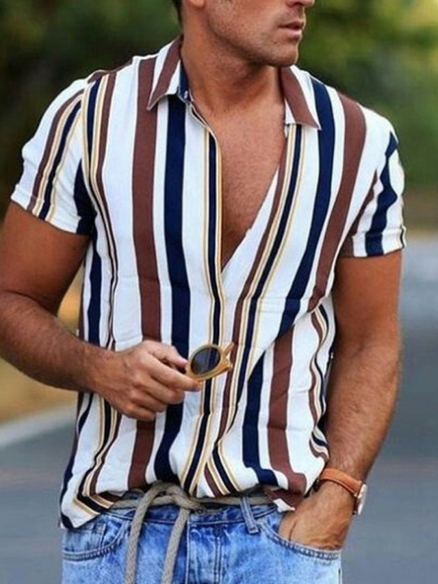  Men's Summer Hawaiian Shirt Shirt Striped Aloha Classic Collar Casual Print Short Sleeve Tops Designer Comfortable White Blue Yellow