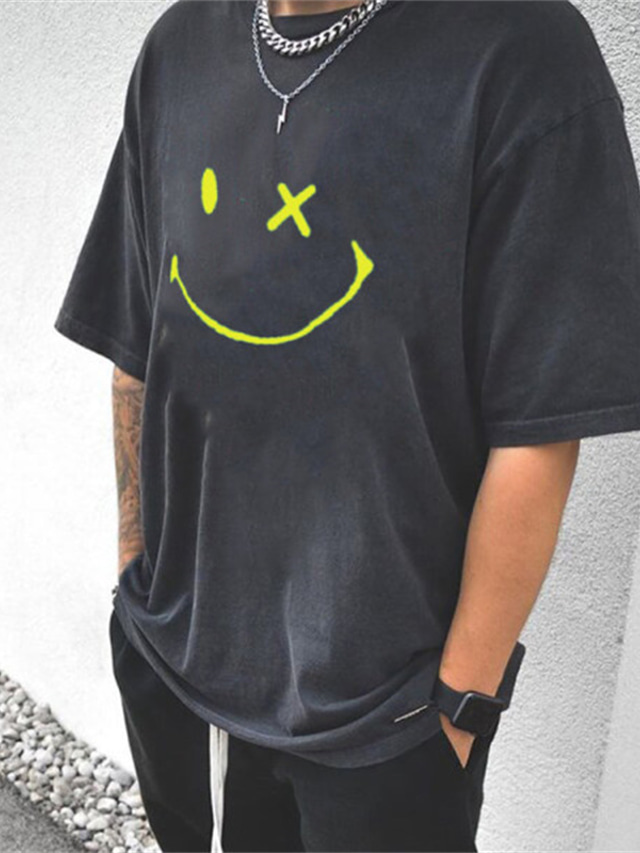  Herre T-shirt Sommer Kortærmet Emoji-ansigt Rund hals Afslappet Daglig Tøj Tøj Letvægt Afslappet Mode Sort
