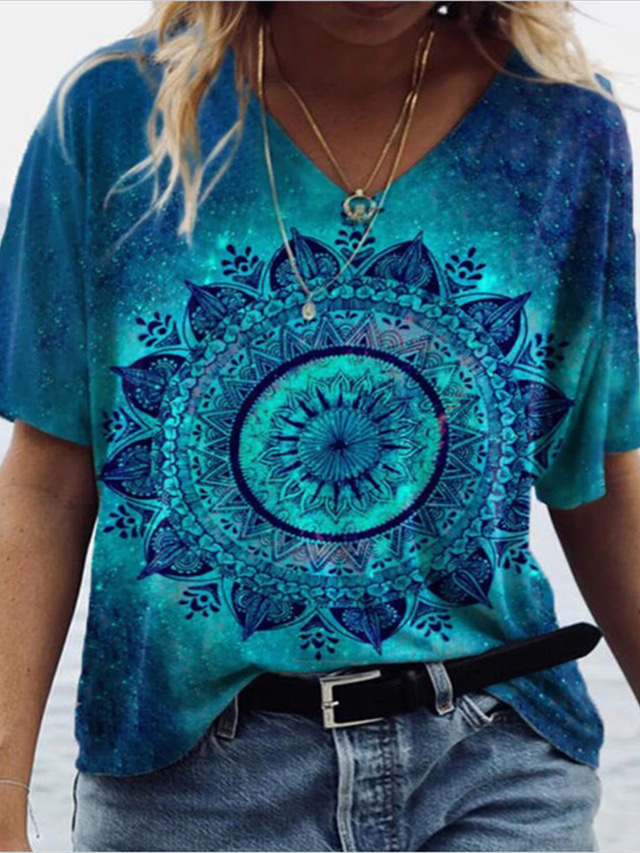  Damen T Shirt Designer Kurzarm Blumen 3D-Druck V Ausschnitt Alltag Täglich Patchwork Bedruckt Kleidung Designer Ethnisch Vintage Blau