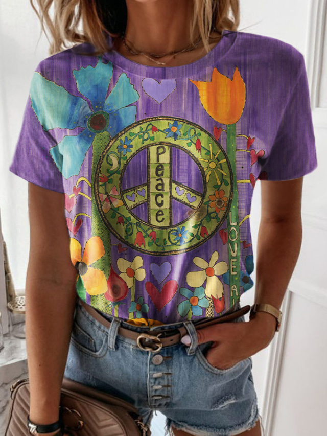  Women's T shirt Tee Designer 3D Print Floral Graphic Heart Peace & Love Design Short Sleeve Round Neck Casual Print Clothing Clothes Designer Basic Purple