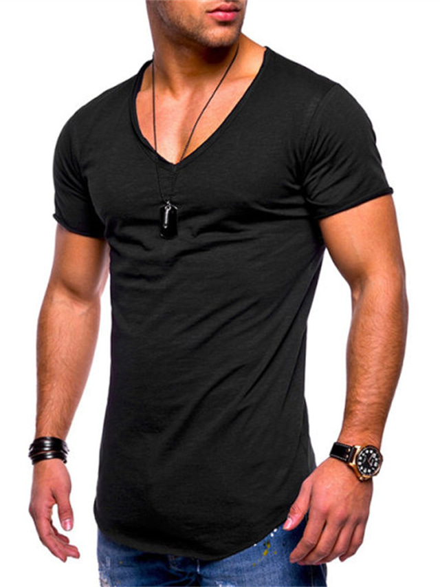  男性用 Tシャツ Ｖネック 夏 半袖 純色 Ｖネック カジュアル 日常 服装 ライトウェイト カジュアル ファッション シーブルー ホワイト ブラック
