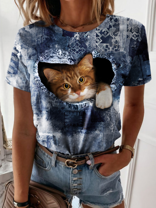  女性用 Tシャツ デザイナー 3Dプリント 猫 グラフィック 3D デザイン 半袖 ラウンドネック カジュアル プリント 服装 デザイナー ベーシック グリーン ブルー フクシャ