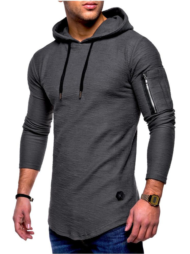  Men's Solid Color Round Neck Hooded Long-sleeved Zipper Stitching T-shirt