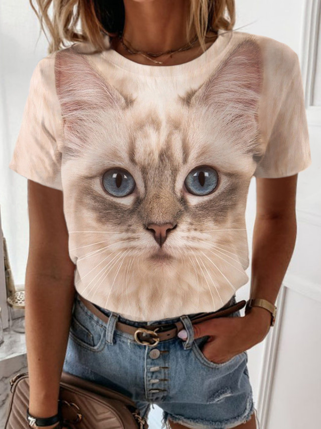  Dam T-shirt Designer 3D-tryck Katt Grafisk 3D Design Kortärmad Rund hals Ledigt Helgdag Mönster Kläder Kläder Designer Grundläggande Beige