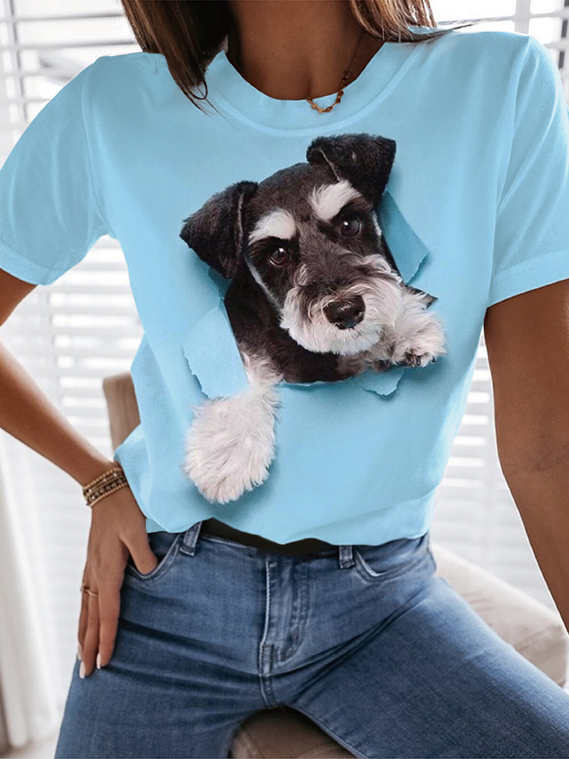  Dame T-shirt Designer 3D-udskrivning Hund Grafisk 3D Design Kortærmet Rund hals Afslappet Trykt mønster Tøj Tøj Designer Basale Hvid Blå Lilla