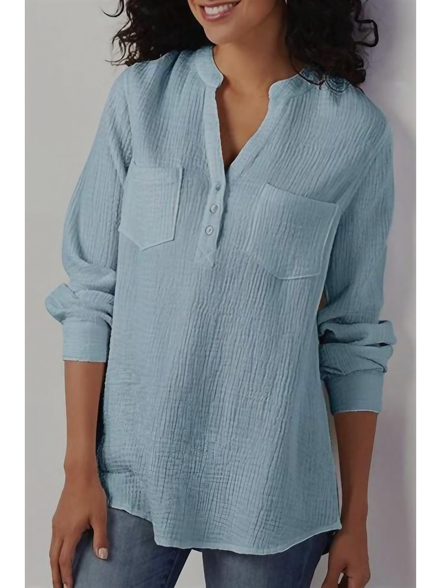  Women‘s solid color v-neck pocket cotton  linen loose large size shirt women