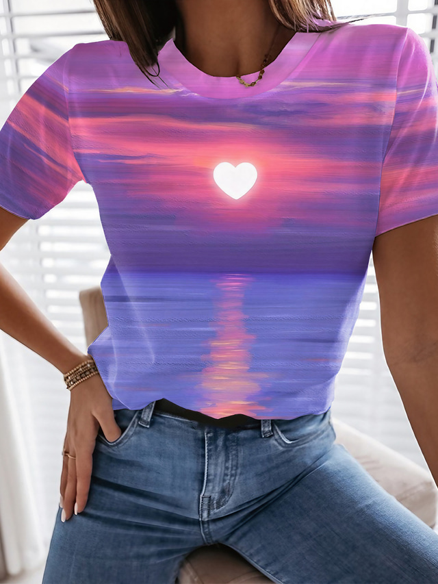  Γυναικεία Μπλουζάκι Υψηλής Ποιότητας 3D εκτύπωση Γραφική Καρδιά 3D Σχέδιο Κοντομάνικο Στρογγυλή Λαιμόκοψη Causal Στάμπα Ρούχα Ρούχα Υψηλής Ποιότητας Βασικό Ανθισμένο Ροζ