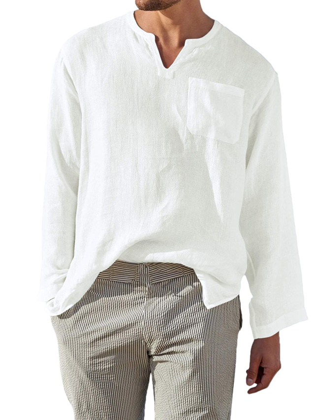  Ανδρικά λινό πουκάμισο Casual πουκάμισο Συμπαγές Χρώμα Λαιμόκοψη V Μαύρο Λευκό Ανθισμένο Ροζ Ρουμπίνι Βαθυγάλαζο ΕΞΩΤΕΡΙΚΟΥ ΧΩΡΟΥ Δρόμος Μακρυμάνικο Ρούχα Κλασσικό Άνετο