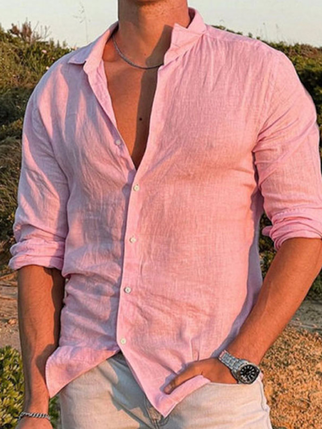  Camisa de lino para hombre, color sólido, informal, con botones, de manga larga, a la moda, transpirable, cómoda, rosa