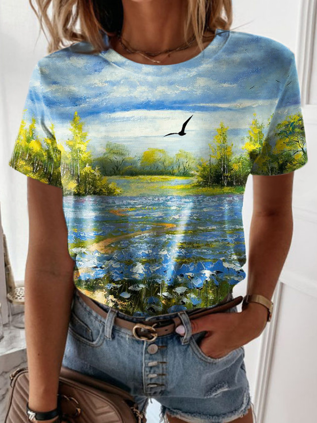  Femme T shirt Tee Design 3D effet Graphic Paysage 3D Design Manches Courtes Col Rond Décontractée Vacances Imprimer Vêtements Design basique Bleu