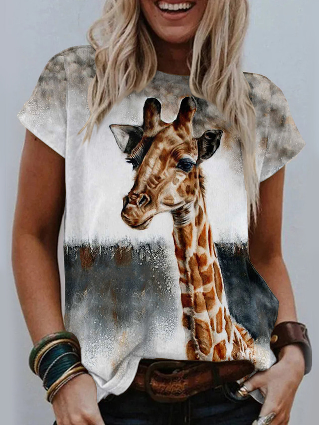  Damen T Shirt Designer Kurzarm Graphic 3D Giraffe Design 3D-Druck Rundhalsausschnitt Casual Bedruckt Kleidung Designer Basic Weiß Grau