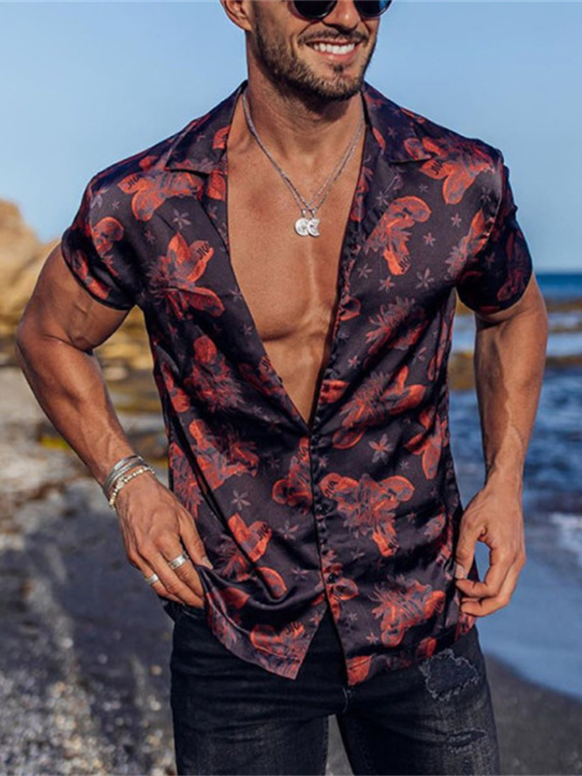  Męskie Koszula Koszula hawajska Graficzny Aloha Wieczorne Czarny / Czerwony czarny / biały Granatowy Fioletowy Szary Na zewnątrz Ulica Krótki rękaw Nadruk Przycisk w dół Odzież Moda Designerskie