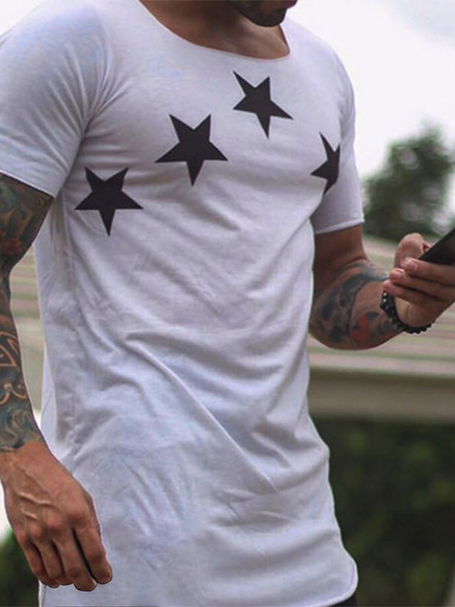  男性用 Tシャツ 夏 半袖 星形 クルーネック カジュアル 日常 服装 ライトウェイト カジュアル ファッション ホワイト