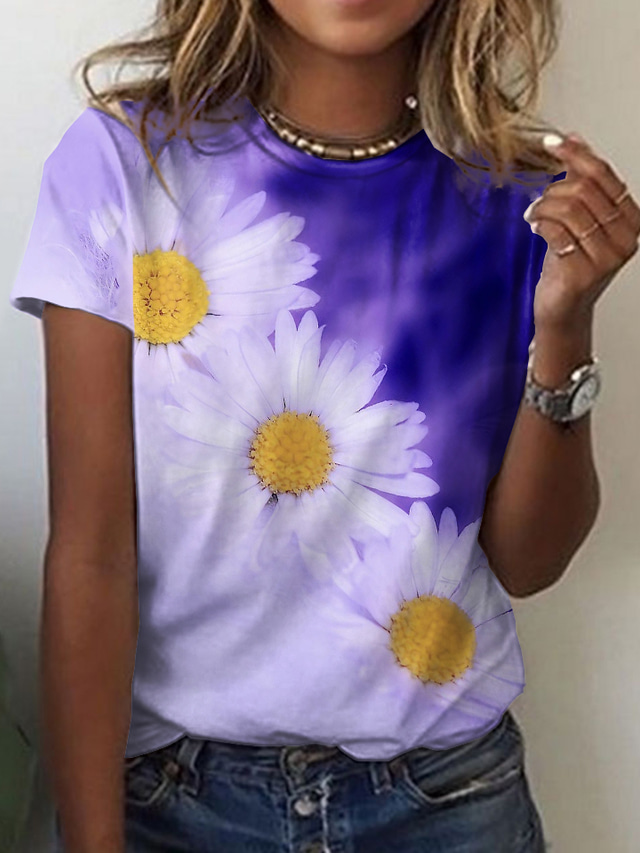  Mujer Camiseta Design Impresión 3D Floral Graphic Diseño Manga Corta Escote Redondo Casual Festivos Estampado ropa Design Básico Azul Piscina Morado Rosa