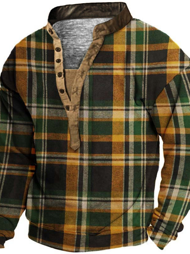  Men's Sweatshirt Pullover Print Designer Basic Casual Graphic Tartan Print Plus Size Henley Collar Sports & Outdoor Casual Daily Long Sleeve Clothing Clothes Regular Fit Green