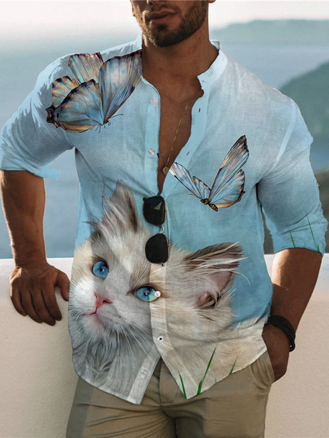  رجالي قميص طباعة قطة الرسم فراشة حيوان مرتفعة فضفاض مناسب للبس اليومي زر أسفل طباعة كم طويل قمم مصمم كاجوال موضة مريح أزرق