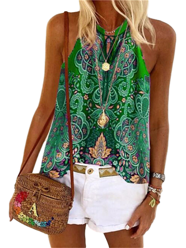  Women's Tank Top Halter Summer Tops Blouse Red Blue Green Graphic St. Patrick's Day Print Sleeveless Daily Going out Hawaiian Sexy Boho Halter Neck Bohemian Theme S