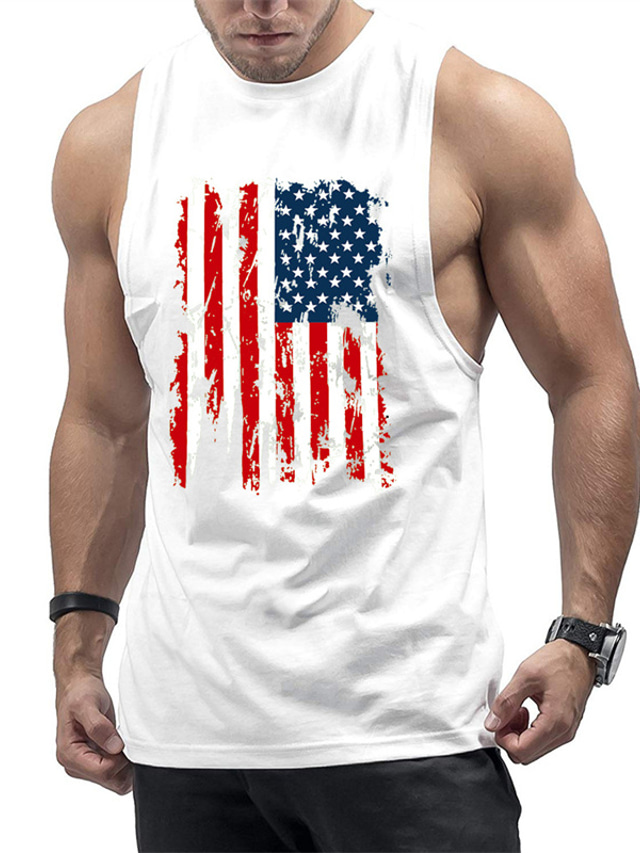  Men's Tank Top Vest Undershirt National Flag Crew Neck Casual Daily Sleeveless Tops Lightweight Fashion Big and Tall Sports White Black Blue / Summer
